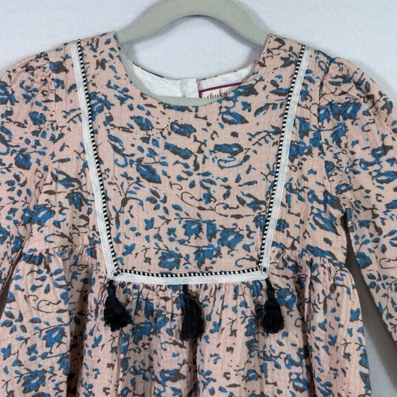 Cheeky Plum Pale Pink Blue Leaf Abstract Tassel Gauze Tunic Dress Girls 5T Lined - Picture 4 of 11